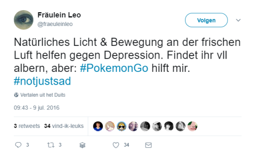 Twitter-tweet: Bewegung an der frischen Luft helft gegen Depression. PokemonGO hilft mir