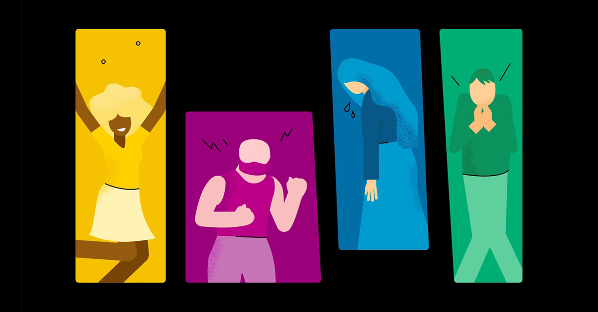 Beeld dat de emoties schetst: blij, boos, bang, bedroefd