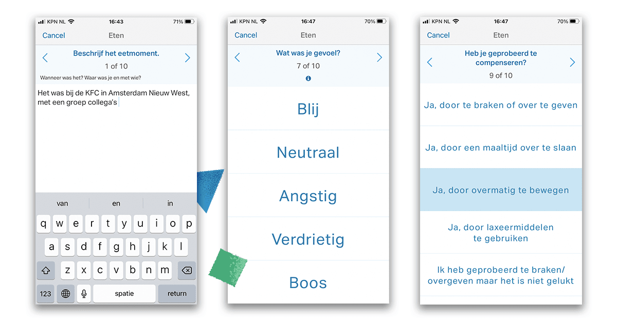 Fragmenten uit de vragen in het dagboek, over gevoel, eetgedrag en compensatiebehoefte