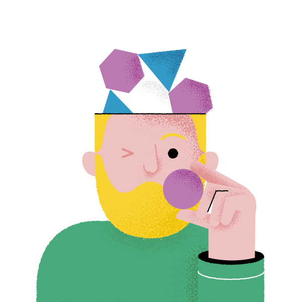 Illustratie van een man die nieuwsgierig naar zijn gedachten kijkt