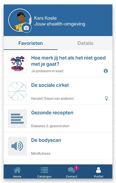 Afbeelding van de pagina 'favorieten' met links naar oefeningen, maar ook bijvoorbeeld recepten.