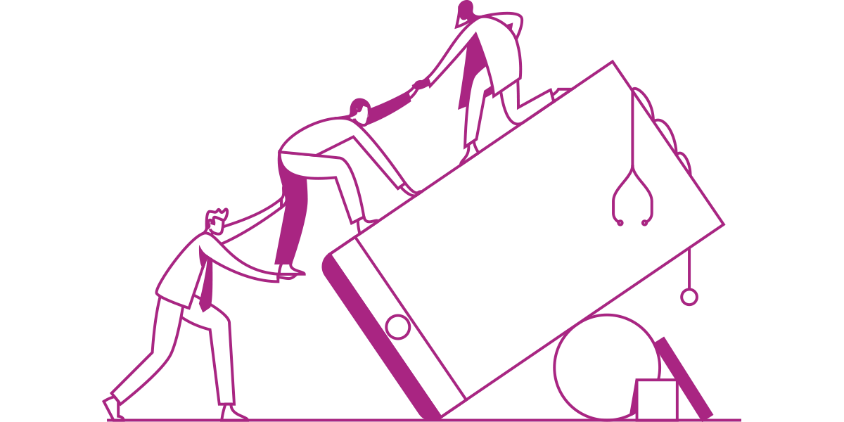 Illustratie die zorgverzekeraars en zorgverleners toont die een cliënt helpen