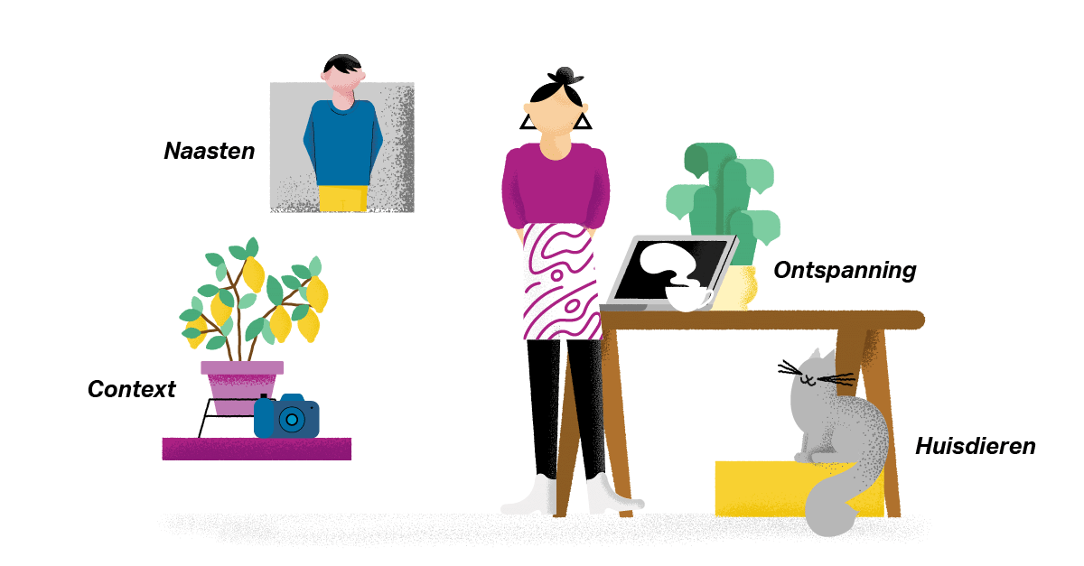 Illustratie van een persoon die videobelt met daaromheen de voordelen: ontspanning, naasten, huisdieren en context