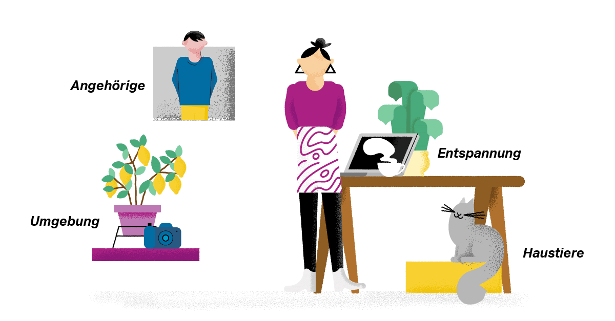 Illustration von einem Person in ein Videogespräch mit Entspanning, Parnter, Katze und Umgebung dabei wie Vorteile