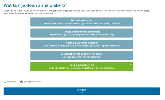 Pagina met te kiezen piekeropdrachten