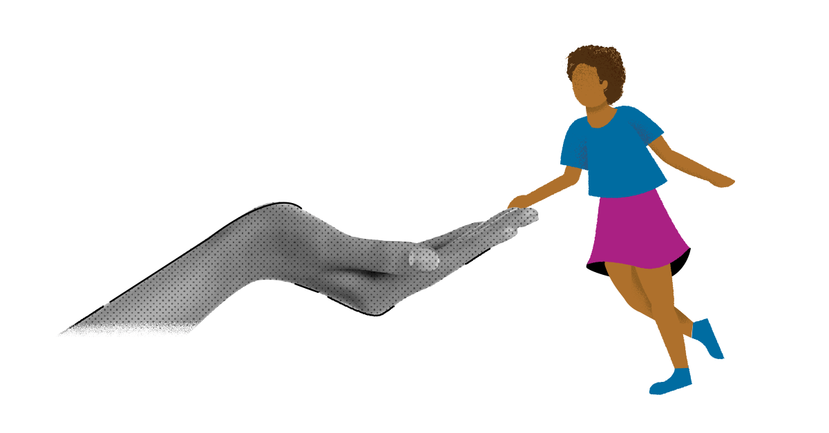 Illustratie van een grote hand die een vrouw helpt bij het zetten van haar stappen