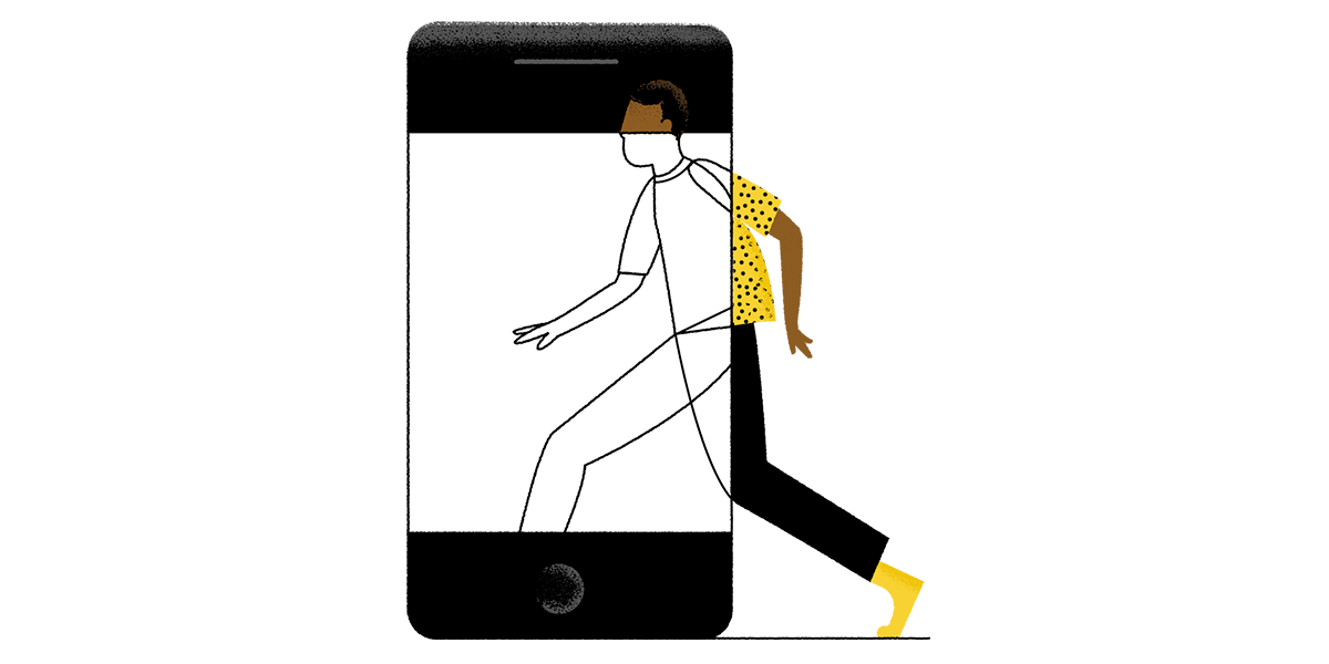 illustratie van een persoon die een deur instapt die eruit ziet als een telefoon - een digitale voordeur dus