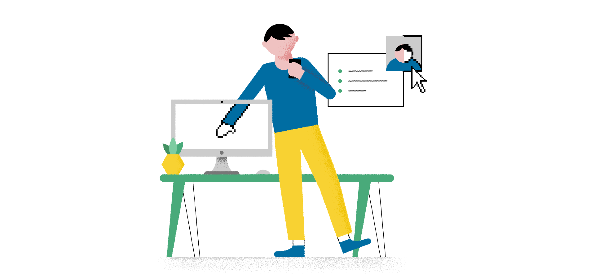Illustratie van een figuur die een ledemaat achter een beeldscherm houdt, waarmee dat deel van hem 'online' wordt